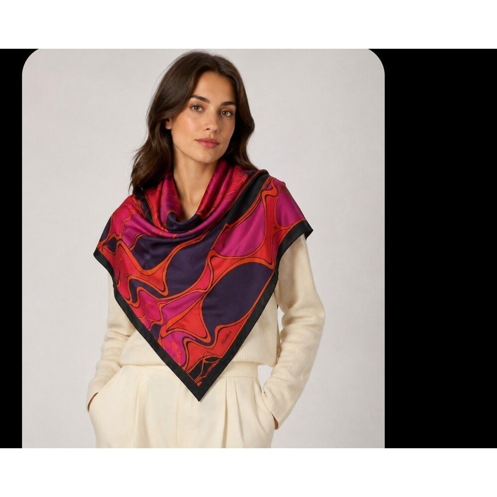 Max Mara Silk Scarf Multicolor Abstract Paisley Print Black Border 35X35 Italy